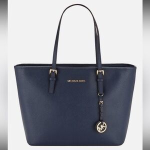 Michael Kors Women's Shoulder Bag Jet Set Travel Leather Top Zip Tote Navy